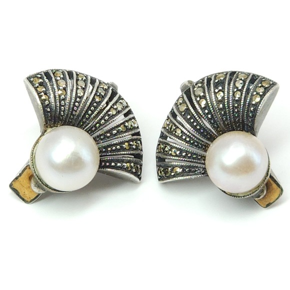 Theodore Fahrner Jewelry - Signed TF Theodor Fahrner Clip‎ on Earrings Pearl Marcasite Stone Fan 900 Silver
